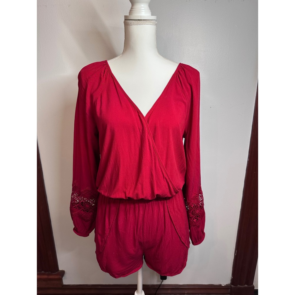 Express Red Long Sleeve Crochet Lace Surplice Romper Size Medium Tassel Back Tie